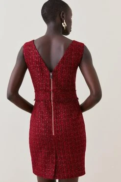 Karen Millen Tweed Frayed Waistband Detail Mini Dress -Karen Millen shop red tweed frayed waistband detail mini dress 1 1