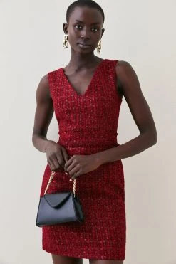 Karen Millen Tweed Frayed Waistband Detail Mini Dress -Karen Millen shop red tweed frayed waistband detail mini dress 1 3