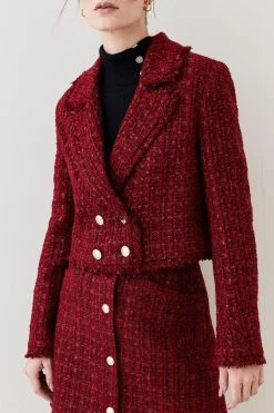 Karen Millen Tweed Gold Button Cropped Frayed Edge Jacket -Karen Millen shop red tweed gold button cropped frayed edge jacket 1 1