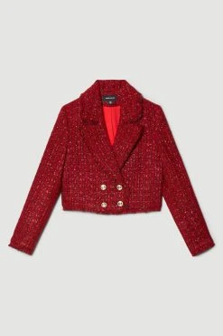 Karen Millen Tweed Gold Button Cropped Frayed Edge Jacket -Karen Millen shop red tweed gold button cropped frayed edge jacket 1 5