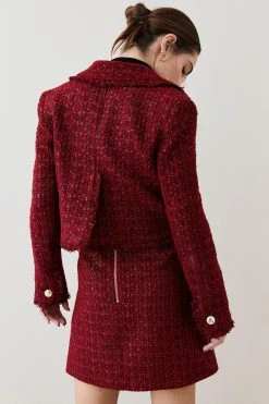 Karen Millen Tweed Gold Button Cropped Frayed Edge Jacket -Karen Millen shop red tweed gold button cropped frayed edge jacket 1 6