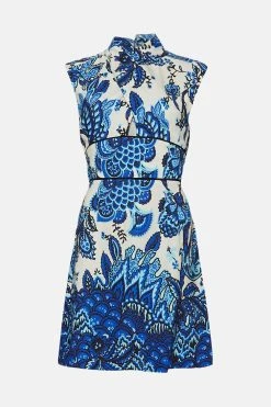 Karen Millen Viscose Linen Batik Print Woven Mini Dress -Karen Millen shop red viscose linen batik print woven mini dress 3