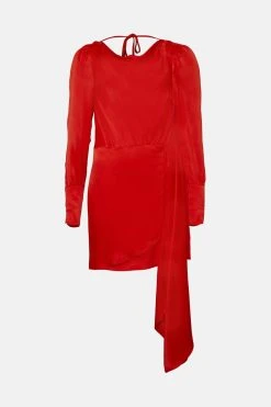 Karen Millen Viscose Satin Back Crepe Cowl Back Mini Dress -Karen Millen shop red viscose satin back crepe cowl back mini dress 1 2