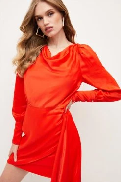 Karen Millen Viscose Satin Back Crepe Cowl Back Mini Dress -Karen Millen shop red viscose satin back crepe cowl back mini dress 1 3