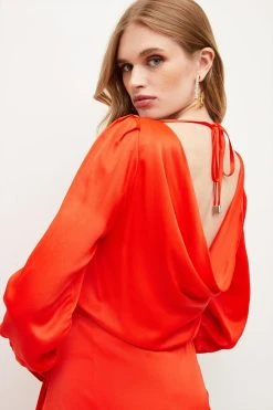 Karen Millen Viscose Satin Back Crepe Cowl Back Mini Dress -Karen Millen shop red viscose satin back crepe cowl back mini dress 1 4