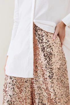 Karen Millen Lydia Millen Tall Textured Sequin Wide Leg Trousers -Karen Millen shop rose gold lydia millen tall textured sequin wide leg trousers 2