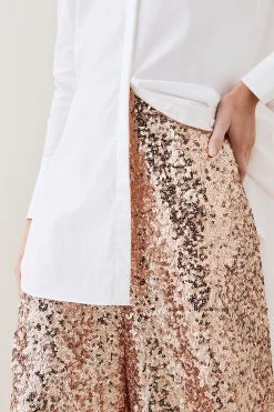 Karen Millen Lydia Millen Textured Sequin Wide Leg Woven Trousers 10 Karen Millen Lydia Millen Textured Sequin Wide Leg Woven Trousers -Karen Millen shop rose gold lydia millen textured sequin wide leg woven trousers 3