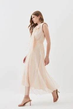 Karen Millen Lydia Millen Mesh Sweeping Pussy Bow Woven Maxi Dress