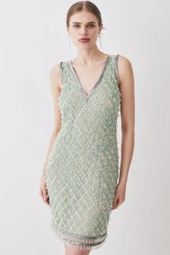 Karen Millen Beaded Embellished Irridecent Mini Dress -Karen Millen shop sage beaded embellished irridecent mini dress 3
