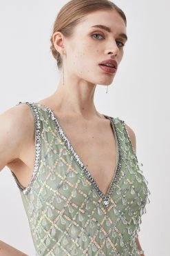 Karen Millen Beaded Embellished Irridecent Mini Dress -Karen Millen shop sage beaded embellished irridecent mini dress 4