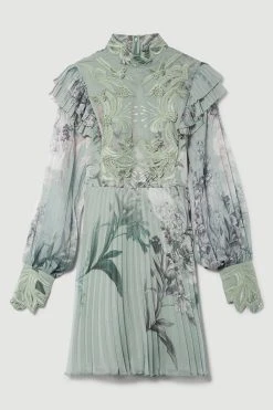 Karen Millen Lydia Millen Floral Applique Lace Pleated Mini Dress -Karen Millen shop sage lydia millen floral applique lace pleated mini dress 3