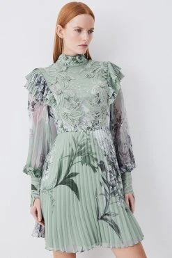 Karen Millen Lydia Millen Floral Applique Lace Pleated Mini Dress -Karen Millen shop sage lydia millen floral applique lace pleated mini dress 4