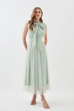 Karen Millen Lydia Millen Mesh Sweeping Pussy Bow Woven Maxi Dress