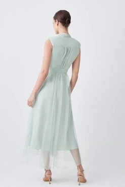 Karen Millen Lydia Millen Petite Mesh Sweeping Pussy Bow Woven Maxi Dress