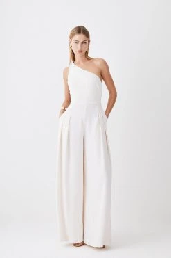 Karen Millen Soft Tailored Asymmetric Neck Pleat Wide Leg Jumpsuit -Karen Millen shop sage soft tailored asymmetric neck pleat wide leg jumpsuit 1 1
