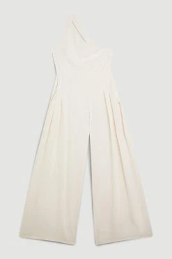 Karen Millen Soft Tailored Asymmetric Neck Pleat Wide Leg Jumpsuit -Karen Millen shop sage soft tailored asymmetric neck pleat wide leg jumpsuit 1 2