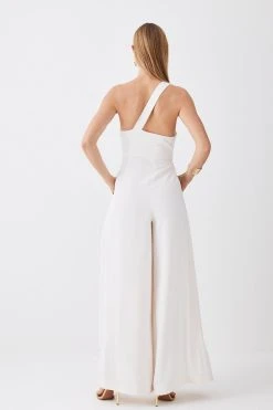 Karen Millen Soft Tailored Asymmetric Neck Pleat Wide Leg Jumpsuit -Karen Millen shop sage soft tailored asymmetric neck pleat wide leg jumpsuit 1 3