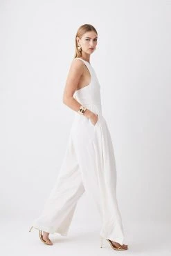Karen Millen Soft Tailored Asymmetric Neck Pleat Wide Leg Jumpsuit -Karen Millen shop sage soft tailored asymmetric neck pleat wide leg jumpsuit 1 4