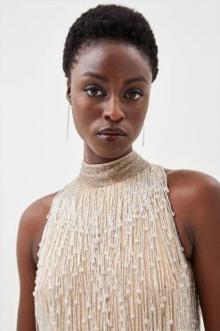 Karen Millen Beaded Fringed Halter Embellished Jumpsuit -Karen Millen shop silver beaded fringed halter embellished jumpsuit 1