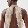 Karen Millen Beaded Fringed Halter Embellished Jumpsuit -Karen Millen shop silver beaded fringed halter embellished jumpsuit