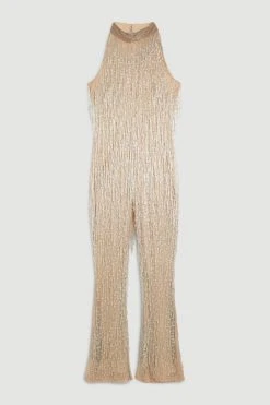 Karen Millen Beaded Fringed Halter Embellished Jumpsuit -Karen Millen shop silver beaded fringed halter embellished jumpsuit 2