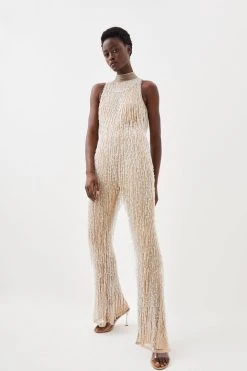Karen Millen Beaded Fringed Halter Embellished Jumpsuit -Karen Millen shop silver beaded fringed halter embellished jumpsuit 3