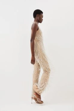 Karen Millen Beaded Fringed Halter Embellished Jumpsuit -Karen Millen shop silver beaded fringed halter embellished jumpsuit 4