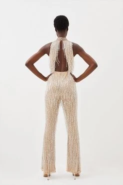 Karen Millen Beaded Fringed Halter Embellished Jumpsuit -Karen Millen shop silver beaded fringed halter embellished jumpsuit 5