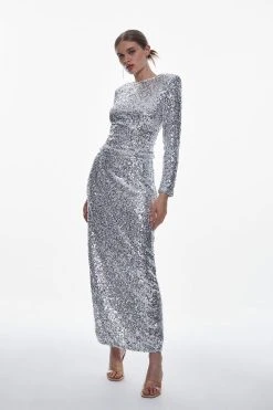 Karen Millen Bias Cut Sequin Skirt -Karen Millen shop silver bias cut sequin skirt 3