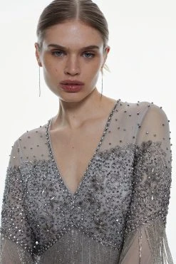 Karen Millen Bodice Beaded And Embellished Fringed Maxi