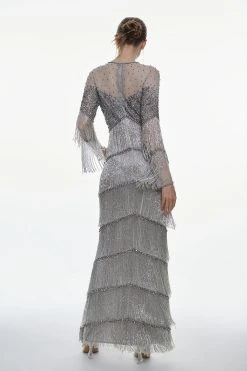 Karen Millen Bodice Beaded And Embellished Fringed Maxi -Karen Millen shop silver bodice beaded and embellished fringed maxi 3