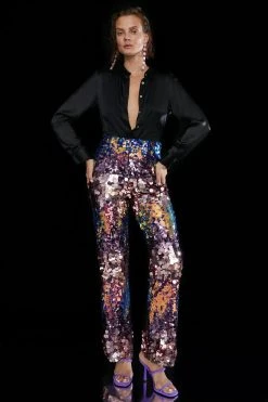 Karen Millen Disc Sequin Skinny Flared Woven Trouser -Karen Millen shop silver disc sequin skinny flared woven trouser 3