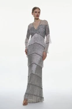Karen Millen Petite Bodice Beaded And Embellished Fringed Maxi 8 Karen Millen Petite Bodice Beaded And Embellished Fringed Maxi -Karen Millen shop silver petite bodice beaded and embellished fringed maxi 2