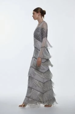 Karen Millen Petite Bodice Beaded And Embellished Fringed Maxi