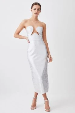 Karen Millen Petite Foiled Bandage Corset Detail Knit Midi Dress -Karen Millen shop silver petite foiled bandage corset detail knit midi dress 2