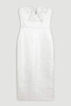 Karen Millen Petite Foiled Bandage Corset Detail Knit Midi Dress -Karen Millen shop silver petite foiled bandage corset detail knit midi dress 3
