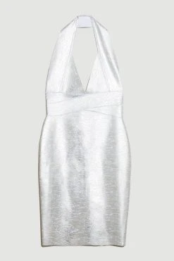 Karen Millen Petite Foiled Halter Neck Bandage Deep V Midi Dress -Karen Millen shop silver petite foiled halter neck bandage deep v midi dress 3