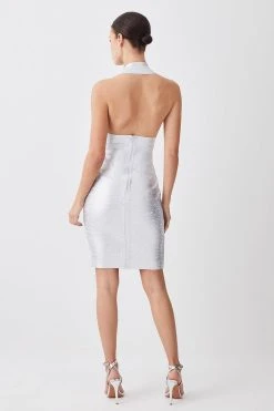 Karen Millen Petite Foiled Halter Neck Bandage Deep V Midi Dress -Karen Millen shop silver petite foiled halter neck bandage deep v midi dress 4