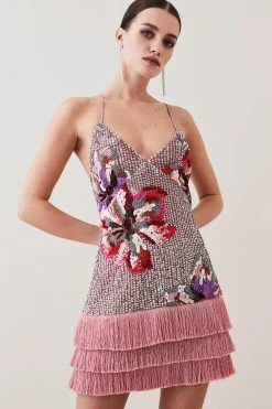 Karen Millen Petite Mixed Sequin & Beaded Fringed Mini Dress