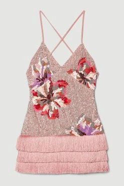 Karen Millen Petite Mixed Sequin & Beaded Fringed Mini Dress -Karen Millen shop silver petite mixed sequin beaded fringed mini dress 1 2