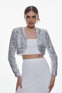 Karen Millen Sequin Cropped Jacket -Karen Millen shop silver sequin cropped jacket 2