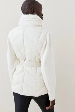 Karen Millen Wool Blend Knit Sleeve Puffer Belted Jacket -Karen Millen shop silver wool blend knit sleeve puffer belted jacket 1