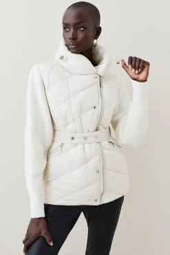Karen Millen Wool Blend Knit Sleeve Puffer Belted Jacket -Karen Millen shop silver wool blend knit sleeve puffer belted jacket 3