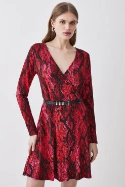 Karen Millen Snake Belted Viscose Blend Long Sleeve Jersey Skater Dress -Karen Millen shop snake belted viscose blend long sleeve jersey skater dress 1