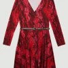Karen Millen Snake Belted Viscose Blend Long Sleeve Jersey Skater Dress -Karen Millen shop snake belted viscose blend long sleeve jersey skater dress