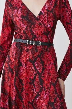 Karen Millen Snake Belted Viscose Blend Long Sleeve Jersey Skater Dress -Karen Millen shop snake belted viscose blend long sleeve jersey skater dress 2