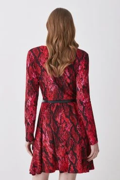 Karen Millen Snake Belted Viscose Blend Long Sleeve Jersey Skater Dress -Karen Millen shop snake belted viscose blend long sleeve jersey skater dress 3