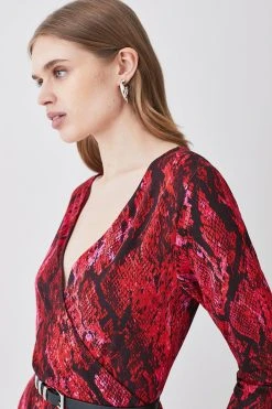 Karen Millen Snake Belted Viscose Blend Long Sleeve Jersey Skater Dress -Karen Millen shop snake belted viscose blend long sleeve jersey skater dress 4