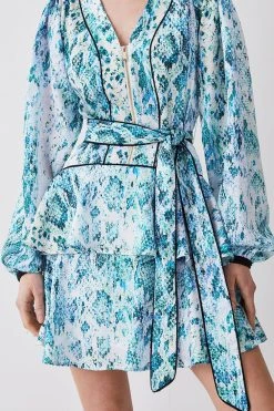 Karen Millen Soft Snake Satin Piped Tiered Belted Mini Dress -Karen Millen shop soft snake satin piped tiered belted mini dress 2