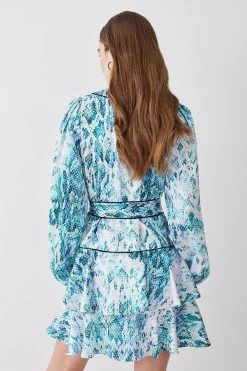 Karen Millen Soft Snake Satin Piped Tiered Belted Mini Dress -Karen Millen shop soft snake satin piped tiered belted mini dress 4